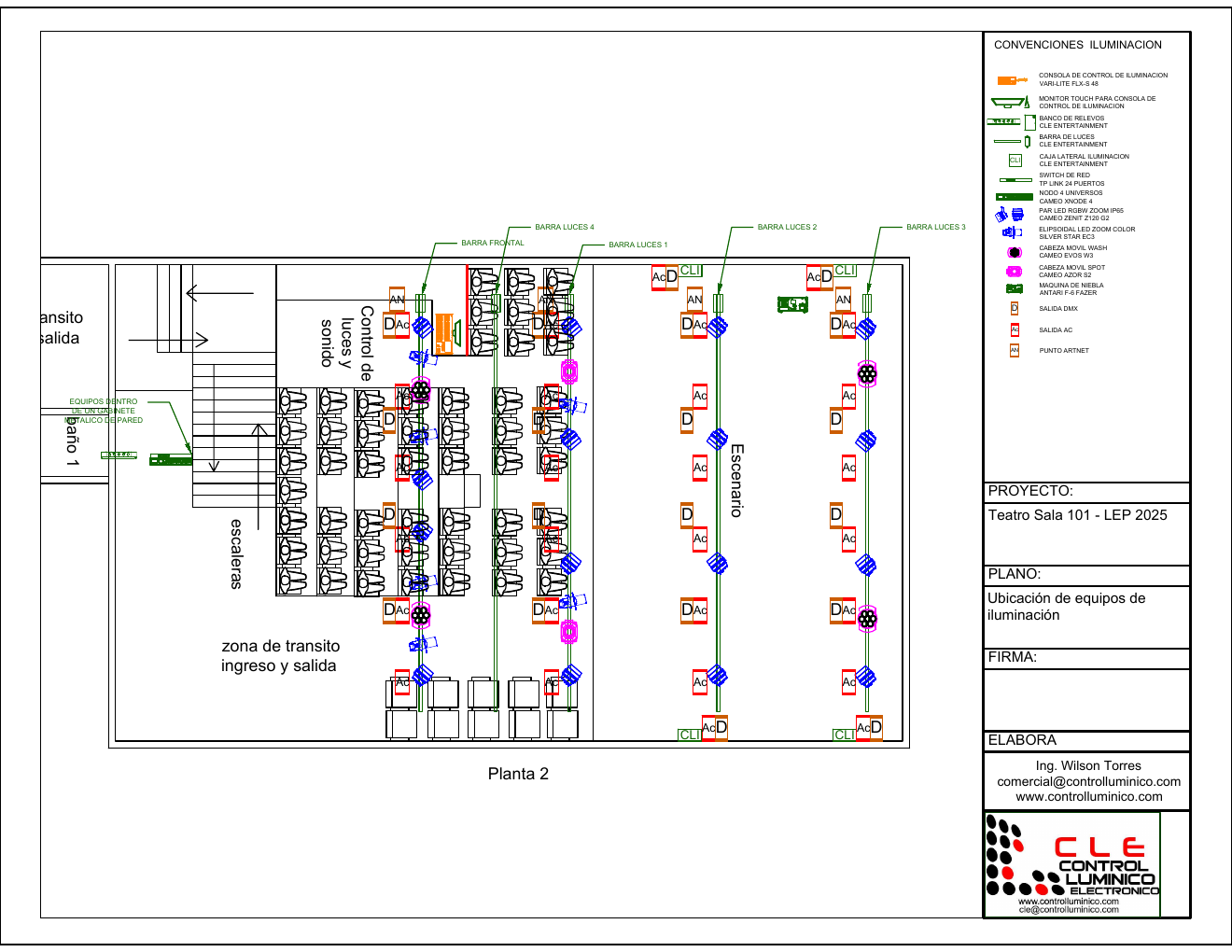 Lighting plot de Sala101: barras de key, set y contra, FOH al fondo de sala