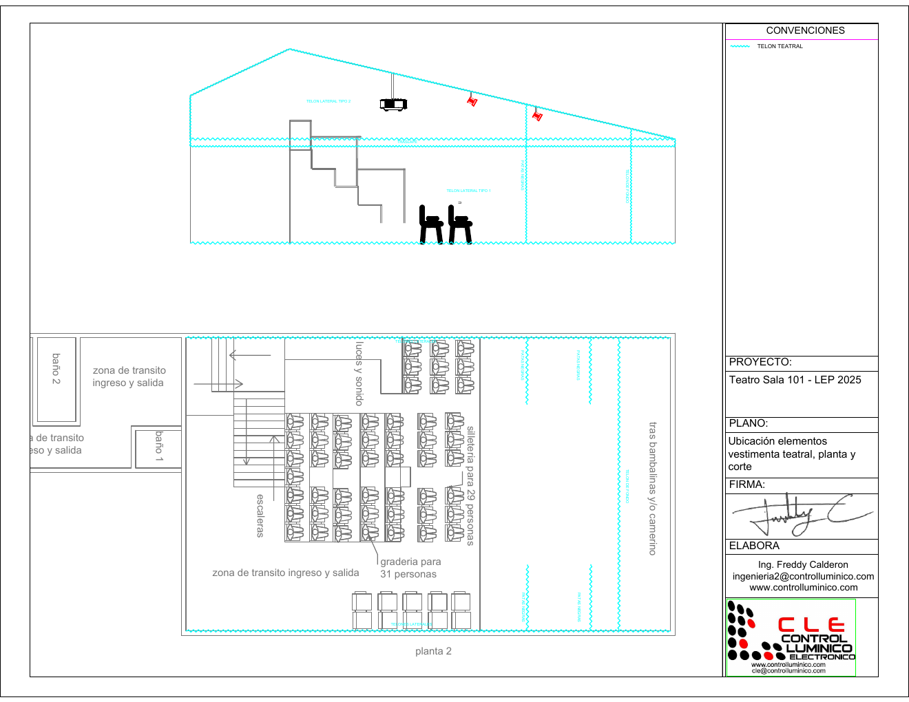 Planta y corte de la locación Sala101: set 8×5 m, gradería, FOH y techo inclinado