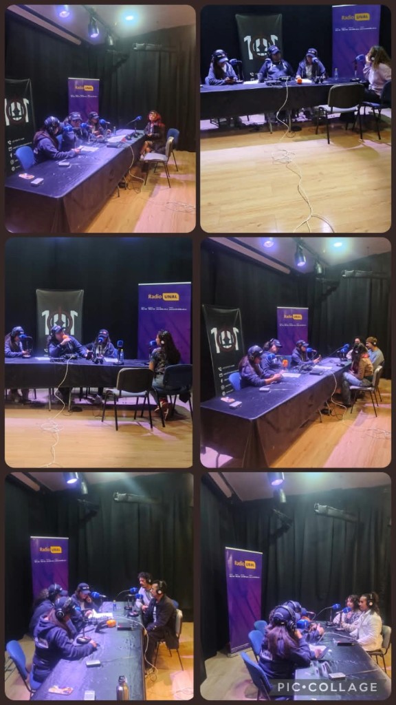 En directo desde Sala 101: collage de la grabación de Cultura al día de Radio UNAL en Sala101 Fontibón, con micrófonos y lonas de la emisora